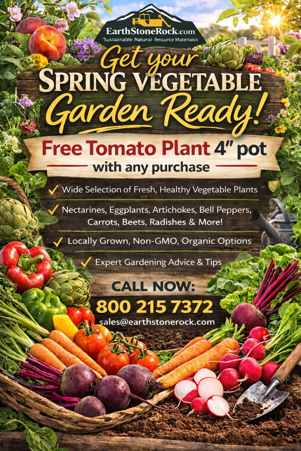 Get Your Spring Vegetable Garden Ready - Free tomato plant 4 inch pot with any purchase at EarthStoneRock Visalia